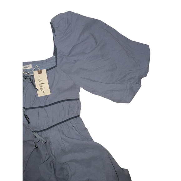 In Loom Women Blue Puff Sleeve Velvet Tie Smocked Back Midi Cottagecore Dress L - Picture 6 of 7